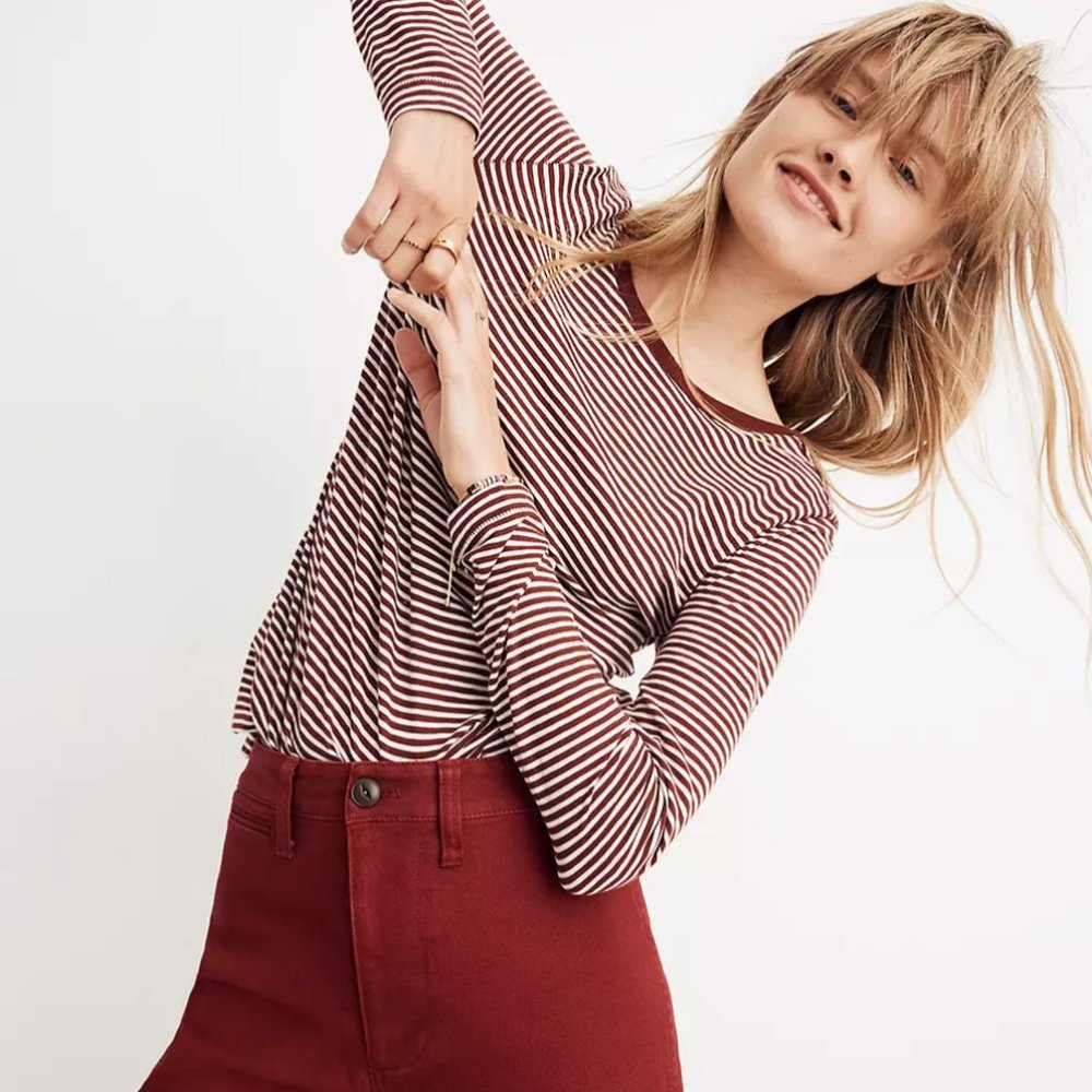 NEW Whisper Cotton Long-Sleeve Crewneck Tee in Daniela Stripe (XS)